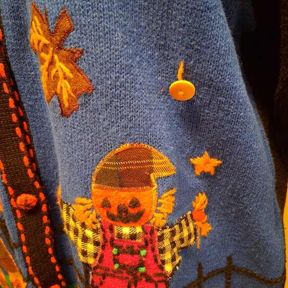Arriviste Fall Halloween Embellished Scarecrow Leaves Cat Sweater Cardigan sz L - Picture 5 of 8